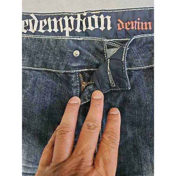 VINTAGE REDEMPTION DENIM Y2K MENS Tapered Jeans Blue SIZE 48X32 Embroidered Logo - Picture 3 of 13